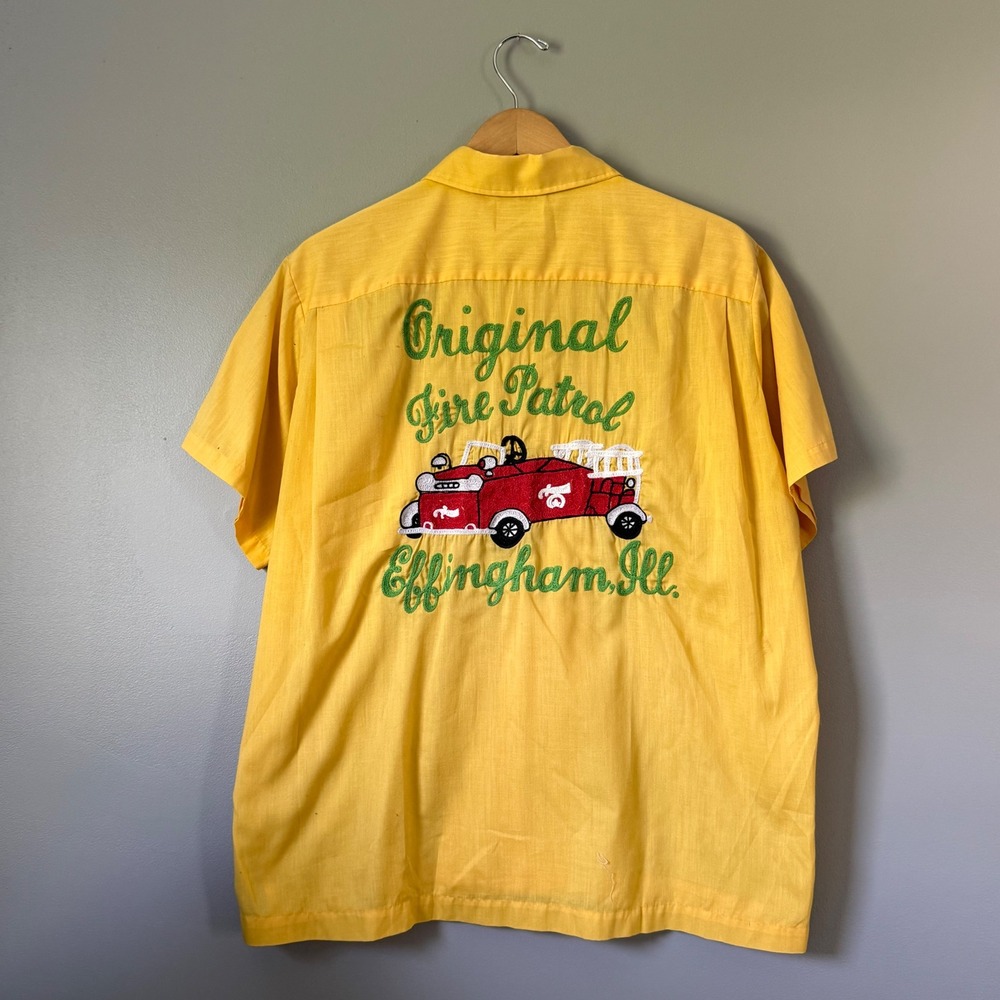 60s Chain Stitched Hilton Fire Patrol Effingham, ILBowling Shirt Yellow Size L